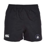 The Helena Youth Rugby Advantage Rugby Shorts by EMB Canterbury feature an elastic waistband, a logo on the left leg, and a circular emblem on the right leg. Made with moisture-wicking fabric for comfort and style during intense workouts.