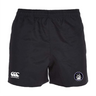 The Helena Youth Rugby Advantage Rugby Shorts by EMB Canterbury feature an elastic waistband, a logo on the left leg, and a circular emblem on the right leg. Made with moisture-wicking fabric for comfort and style during intense workouts.