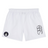 EMB Canterbury's Helena Youth Rugby Tactic Short features white fabric with two black logos: a circular emblem on the left and a stylized design on the right, ideal for men's sportswear or as durable rugby shorts.