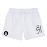 EMB Canterbury's Helena Youth Rugby Tactic Short features white fabric with two black logos: a circular emblem on the left and a stylized design on the right, ideal for men's sportswear or as durable rugby shorts.