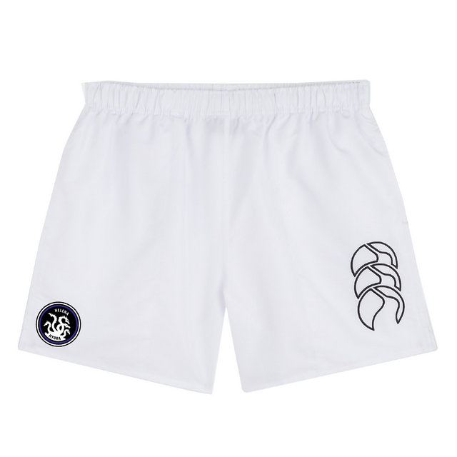EMB Canterbury's Helena Youth Rugby Tactic Short features white fabric with two black logos: a circular emblem on the left and a stylized design on the right, ideal for men's sportswear or as durable rugby shorts.