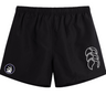 Canterbury's Helena Youth Rugby Tactic Short features an elastic waistband, white emblem, and circular dragon logo on the left leg.