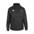 The Helena Youth Rugby Packaway Jacket from EMB Canterbury is a black pullover with a hood, showcasing white embroidered chest logos. It offers a relaxed fit and is made from water-resistant material, perfect for unpredictable weather.