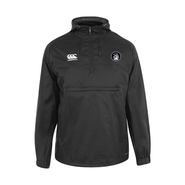 The Helena Youth Rugby Packaway Jacket from EMB Canterbury is a black pullover with a hood, showcasing white embroidered chest logos. It offers a relaxed fit and is made from water-resistant material, perfect for unpredictable weather.