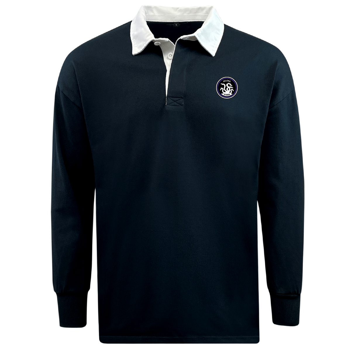 The Helena Youth Rugby Classic Long Sleeve Solid Rugby Jersey by EMB Mudoo features a navy blue design with a white collar and button placket. Made from a cotton/poly blend, it includes a small embroidered logo on the left chest for fan comfort.