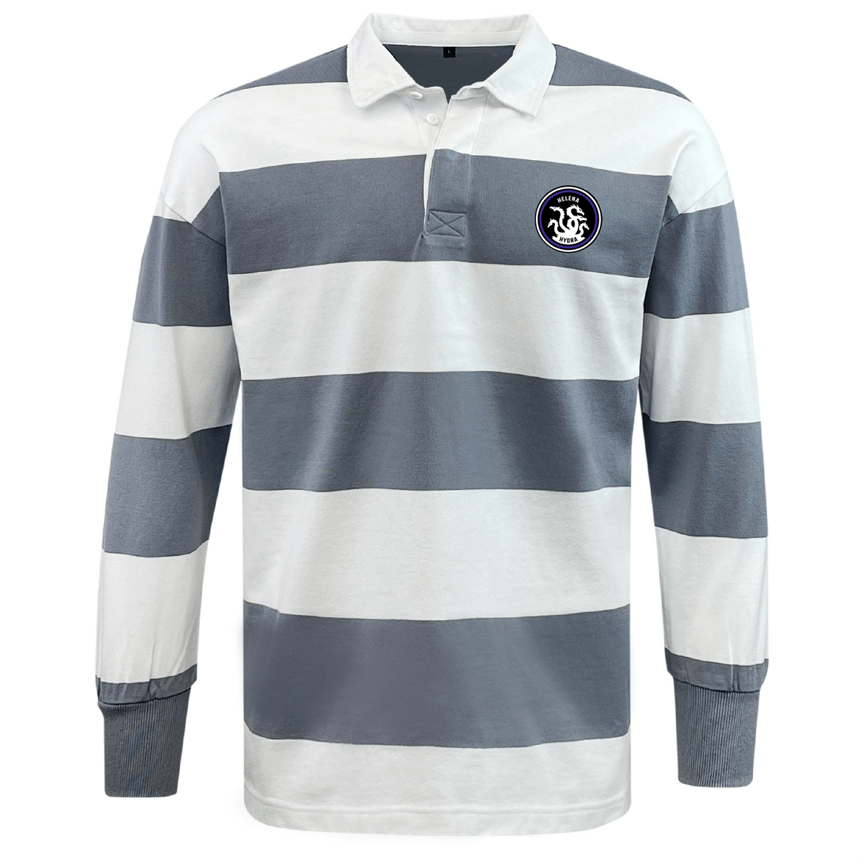 The Helena Youth Rugby Classic Long Sleeve Hooped Jersey by EMB Mudoo features a throwback style with horizontal gray and white stripes and a small chest logo, offering comfort and durability.