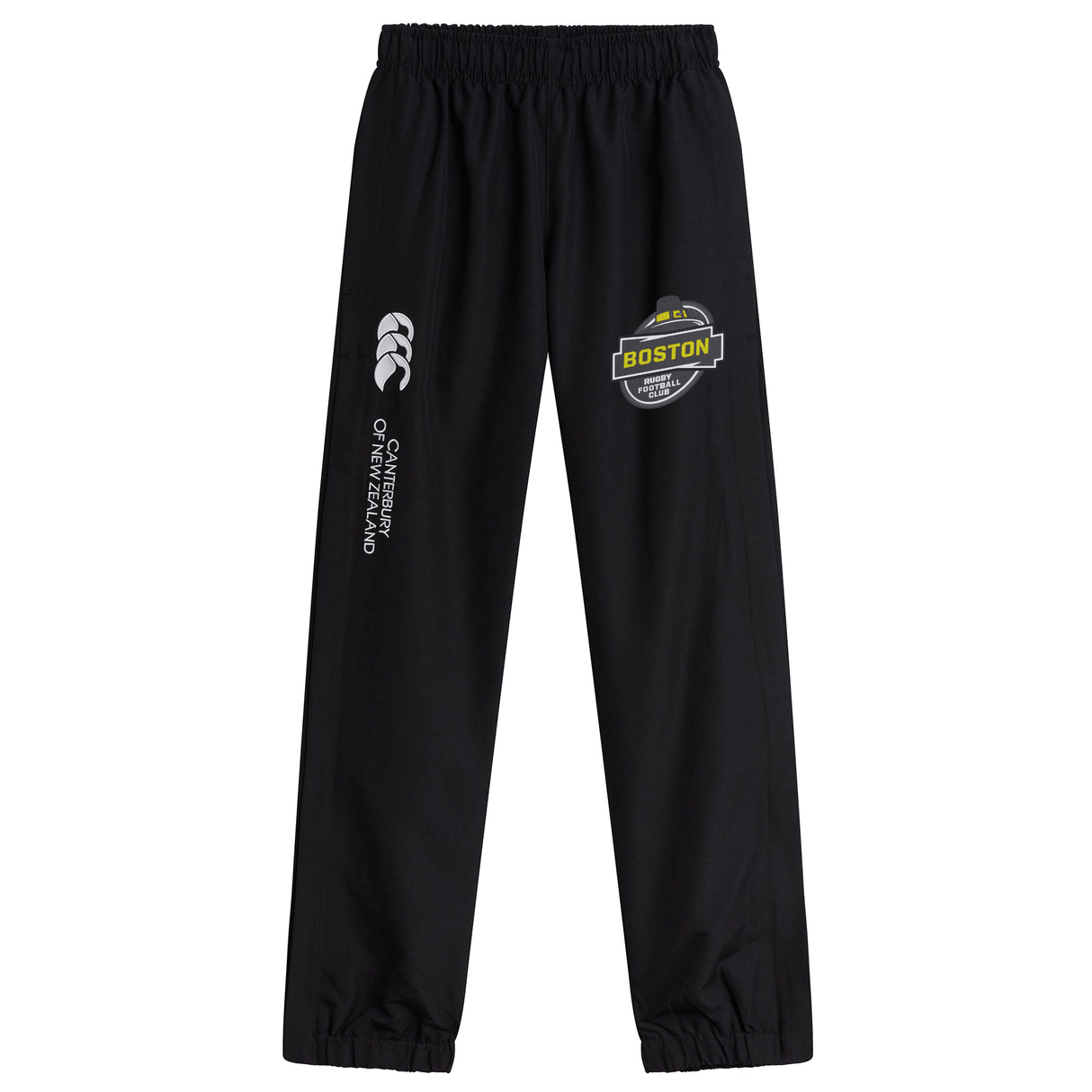 Black athletic sweatpants with elastic cuffs, featuring a "Boston RFC" logo on the right thigh and a stylized shoe print along with "EMB Canterbury Cuffed Hem Stadium Pant" text on the left leg.