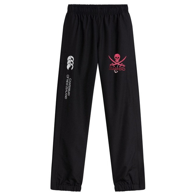 Black sweatpants with cuffed hem, featuring a pink skull and crossbones logo and a vertical text logo on the left leg. - SUNY Maritime Cuffed Hem Stadium Pant by EMB Canterbury