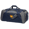 Navy blue sports duffel bag with adjustable shoulder strap, Cincinnati Classical Academy Holdall Duffle Bag by EMB Canterbury logo, and a lion insignia on the side.