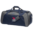 A blue and gray duffel bag with "Rugby East" logo and a red rugby player silhouette. This durable Rugby East Conference Holdall Duffle Bag by Canterbury features handles, an adjustable shoulder strap, and water-repellent technology.