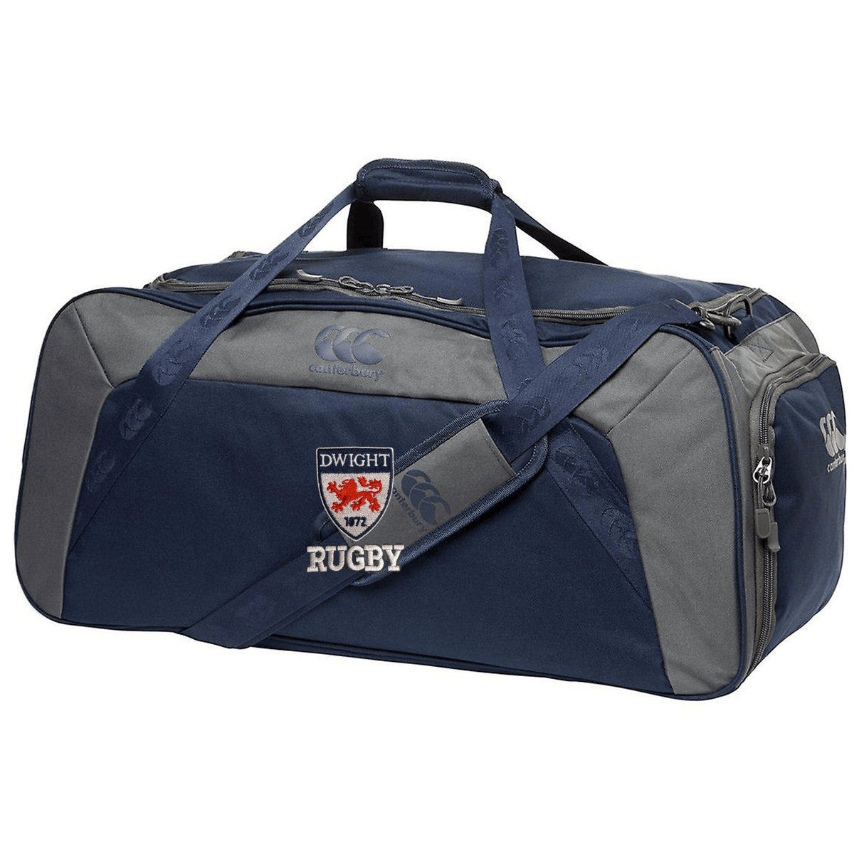 Navy blue sports duffel bag with shoulder strap, featuring multiple compartments and EMB Canterbury logo for Dwight Rugby Holdall Duffle Bag by Canterbury.