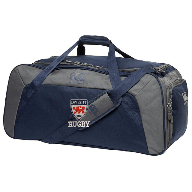 Navy blue sports duffel bag with shoulder strap, featuring multiple compartments and EMB Canterbury logo for Dwight Rugby Holdall Duffle Bag by Canterbury.