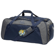 Navy blue sports Noble Street College Prep Holdall Duffle Bag by EMB Canterbury with the logo of a lion on the side, featuring multiple pockets and carrying handles, designed with a water-repellent finish.