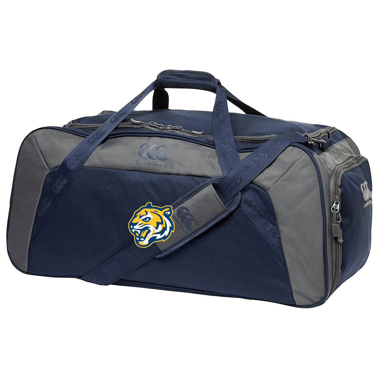 Navy blue sports Noble Street College Prep Holdall Duffle Bag by EMB Canterbury with the logo of a lion on the side, featuring multiple pockets and carrying handles, designed with a water-repellent finish.