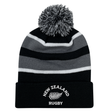 The EMB Augusta Nations of Rugby New Zealand Hooped Pom-Pom Beanie features black and gray stripes and a fern emblem—an ideal addition to any All Blacks fan's hat collection.