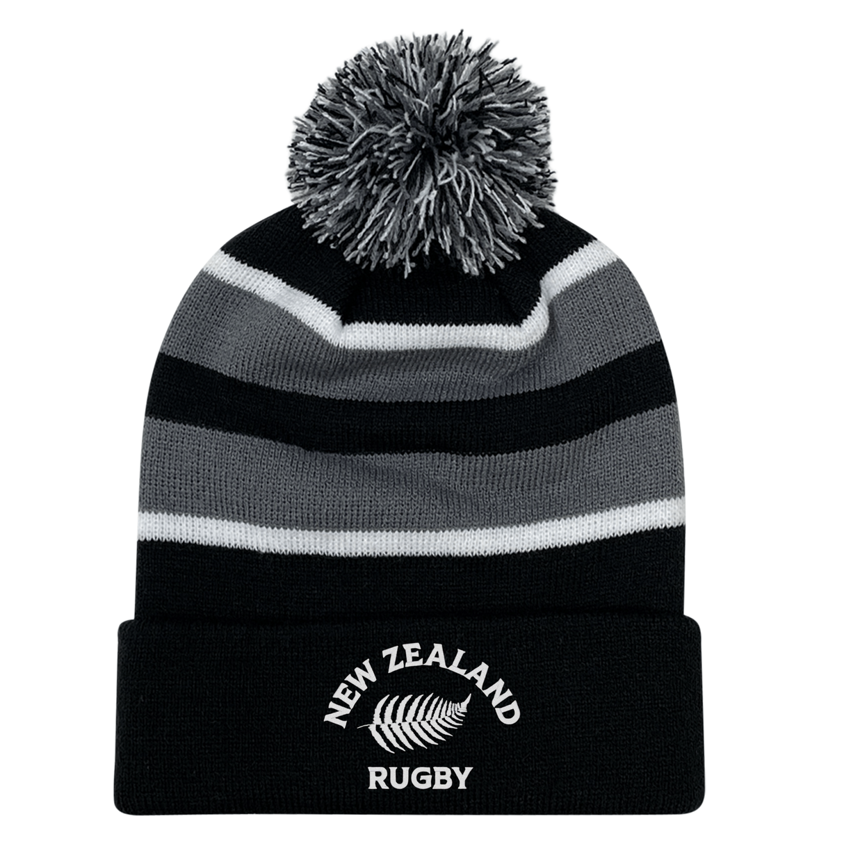 The EMB Augusta Nations of Rugby New Zealand Hooped Pom-Pom Beanie features black and gray stripes and a fern emblem—an ideal addition to any All Blacks fan's hat collection.