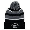 The EMB Augusta Nations of Rugby New Zealand Hooped Pom-Pom Beanie features black and gray stripes and a fern emblem—an ideal addition to any All Blacks fan's hat collection.