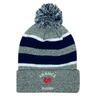 Show your support with the EMB Augusta Nations of Rugby France Hooped Pom-Pom Beanie, featuring gray and navy stripes, a pom-pom top, "France Rugby" text, and the red rooster emblem—perfect for any Les Bleus rugby fan’s hat collection.