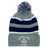 The EMB Augusta Nations of Rugby Scotland Hooped Pom-Pom Beanie features blue and white stripes, a top pom-pom, and an embroidered Scotland Rugby thistle logo on the front cuff.