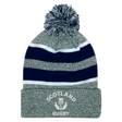 The EMB Augusta Nations of Rugby Scotland Hooped Pom-Pom Beanie features blue and white stripes, a top pom-pom, and an embroidered Scotland Rugby thistle logo on the front cuff.