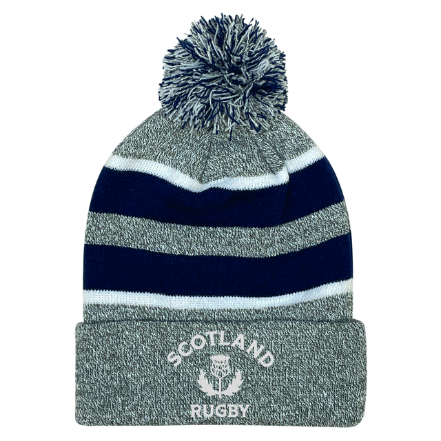 The EMB Augusta Nations of Rugby Scotland Hooped Pom-Pom Beanie features blue and white stripes, a top pom-pom, and an embroidered Scotland Rugby thistle logo on the front cuff.