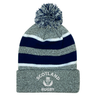 The EMB Augusta Nations of Rugby Scotland Hooped Pom-Pom Beanie features blue and white stripes, a top pom-pom, and an embroidered Scotland Rugby thistle logo on the front cuff.