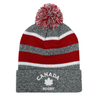 The EMB Augusta Nations of Rugby Canada Hooped Pom-Pom Beanie features gray, red, and white hoops, a front maple leaf logo with "Canada Rugby," making it perfect for any Canadian rugby fan.