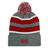 The EMB Augusta Nations of Rugby Wales Hooped Knit Fold Over Pom-Pom Beanie features gray and red stripes, a red and white pom-pom, "Wales Rugby" text, and an embroidered red dragon on the front cuff.