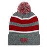 The EMB Augusta Nations of Rugby Wales Hooped Knit Fold Over Pom-Pom Beanie features gray and red stripes, a red and white pom-pom, "Wales Rugby" text, and an embroidered red dragon on the front cuff.