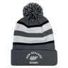 The EMB Augusta Nations of Rugby New Zealand Hooped Pom-Pom Beanie features gray, black, and white stripes, a playful top pom-pom, and "New Zealand Rugby" with a silver fern embroidered on the cuff—perfect for any rugby fan.