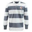 The EMB Mudoo West Potomac RFC Classic Long Sleeve Hooped Rugby Jersey features wide grey and white stripes, a left chest crest logo, and long sleeves for timeless style.