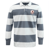The EMB Mudoo West Potomac RFC Classic Long Sleeve Hooped Rugby Jersey features wide grey and white stripes, a left chest crest logo, and long sleeves for timeless style.