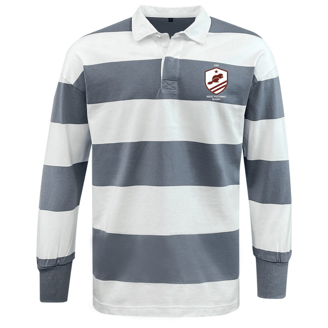 The EMB Mudoo West Potomac RFC Classic Long Sleeve Hooped Rugby Jersey features wide grey and white stripes, a left chest crest logo, and long sleeves for timeless style.