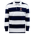 The Dwight Rugby Classic Long Sleeve Hooped Rugby Jersey from EMB Mudoo features broad navy blue and white horizontal stripes, a white collar, and a chest logo reading "Rugby," making it perfect for stylish leisurewear.