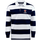 The Dwight Rugby Classic Long Sleeve Hooped Rugby Jersey from EMB Mudoo features broad navy blue and white horizontal stripes, a white collar, and a chest logo reading "Rugby," making it perfect for stylish leisurewear.