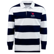 The EMB Mudoo Rugby East Conference Classic Long Sleeve Hooped Rugby Jersey features alternating navy blue and white horizontal stripes. A small red "Rugby East" logo adorns the left chest, making it perfect for those who appreciate a throwback aesthetic in their leisurewear.