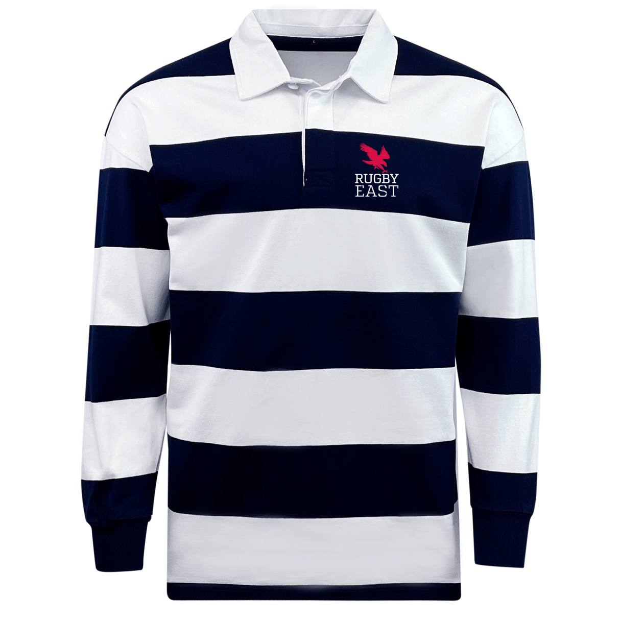 The EMB Mudoo Rugby East Conference Classic Long Sleeve Hooped Rugby Jersey features alternating navy blue and white horizontal stripes. A small red "Rugby East" logo adorns the left chest, making it perfect for those who appreciate a throwback aesthetic in their leisurewear.