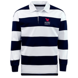 The EMB Mudoo Rugby East Conference Classic Long Sleeve Hooped Rugby Jersey features alternating navy blue and white horizontal stripes. A small red "Rugby East" logo adorns the left chest, making it perfect for those who appreciate a throwback aesthetic in their leisurewear.