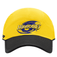 The Hurricanes Super Rugby 25/26 Training Cap by Classic Sportswear features a stylized blue swirl logo, yellow fabric, and a black brim with an adjustable back strap.