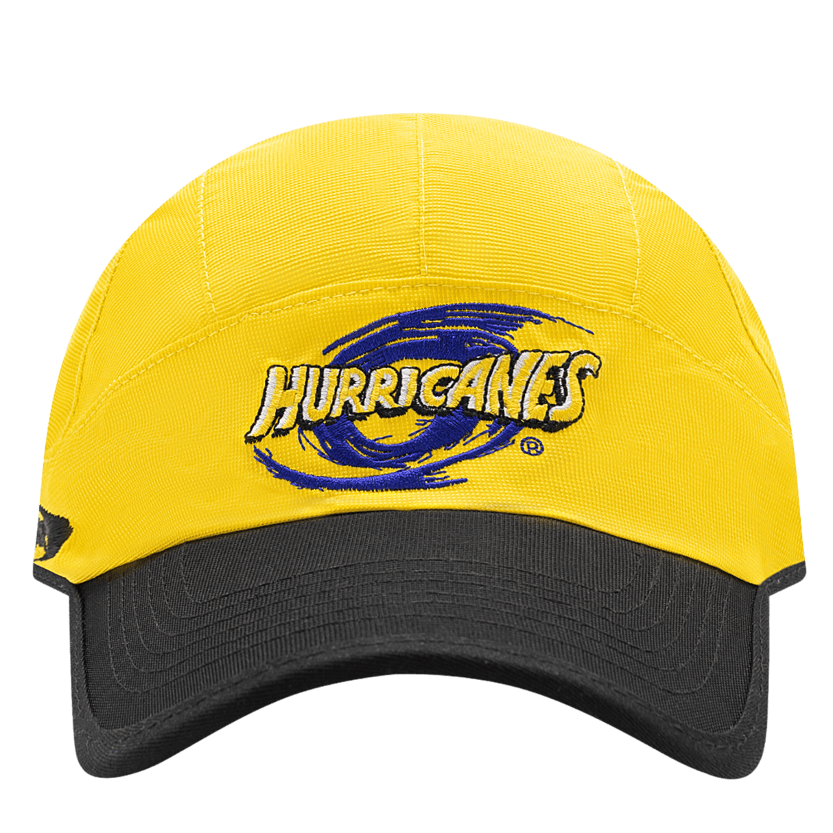 The Hurricanes Super Rugby 25/26 Training Cap by Classic Sportswear features a stylized blue swirl logo, yellow fabric, and a black brim with an adjustable back strap.