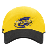 The Hurricanes Super Rugby 25/26 Training Cap by Classic Sportswear features a stylized blue swirl logo, yellow fabric, and a black brim with an adjustable back strap.