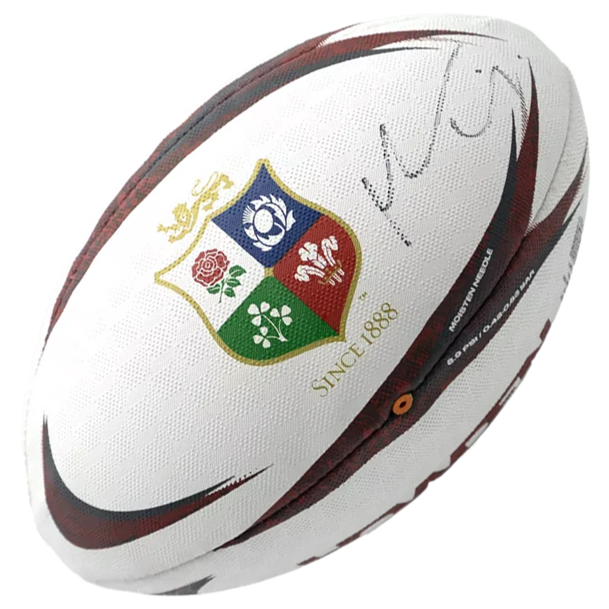 The Icons Maro Itoje Signed British & Irish Lions Rugby Ball is a white ball featuring the team logo, "Since 1888" text, and Maro Itoje’s signature—an authentic memorabilia piece for fans.