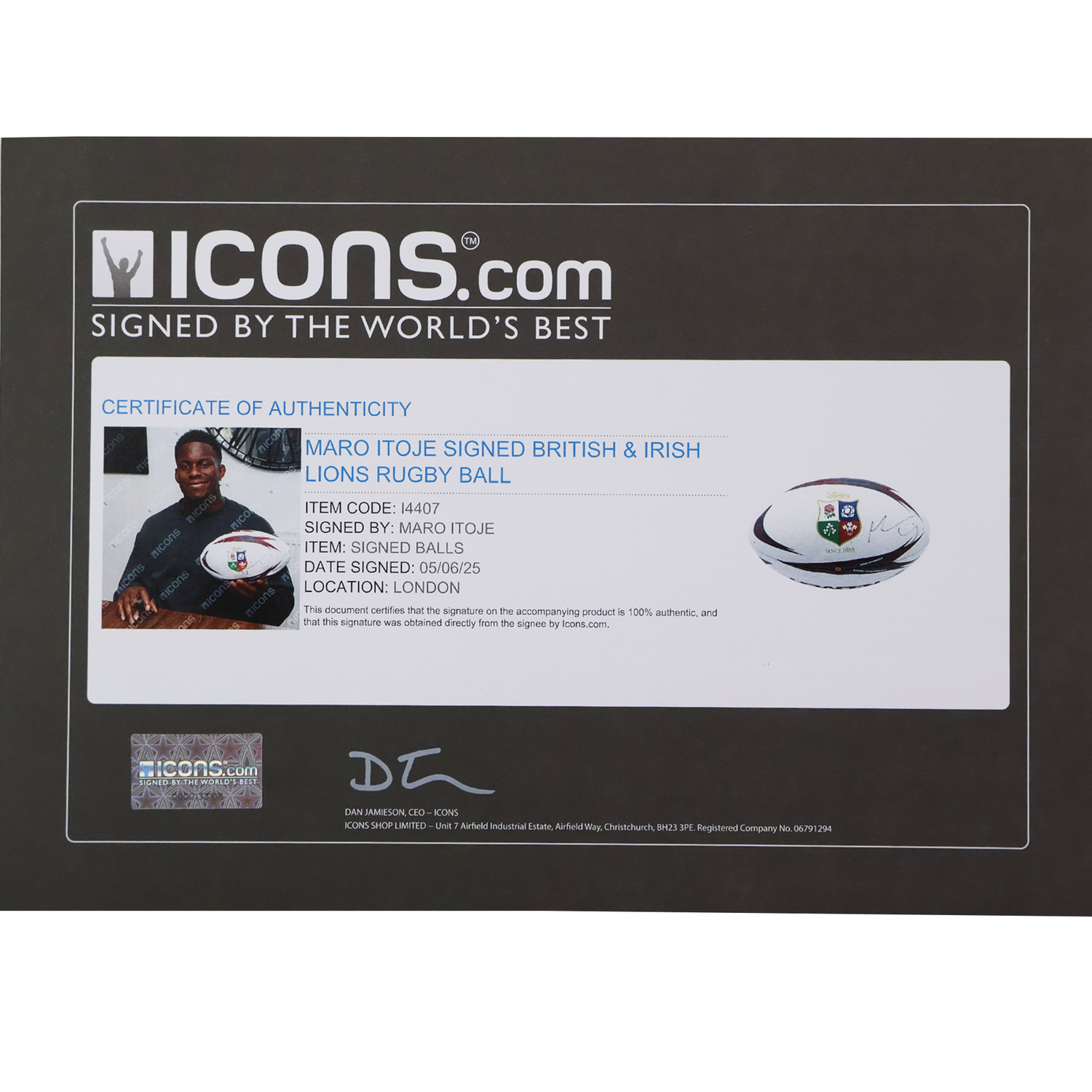 Certificate of authenticity for the Maro Itoje Signed British & Irish Lions Rugby Ball by Icons, including product details and a photo of the autographed memorabilia.
