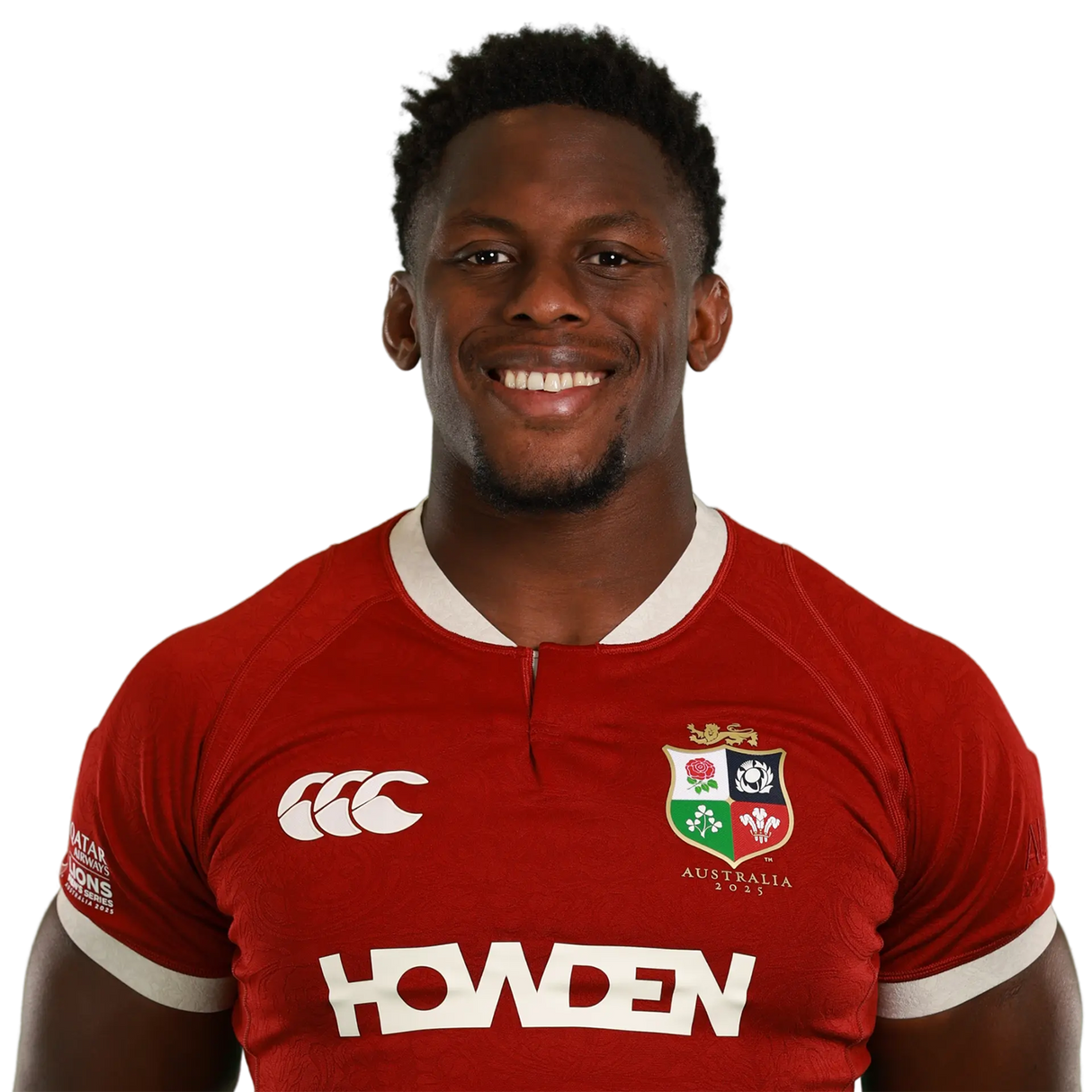 Maro Itoje faces forward, smiling in a red Icons British & Irish Lions 2025 shirt with sponsor logos and an "Australia 2025" emblem—ideal for fans and collectors of the Maro Itoje Front Signed British & Irish Lions 2025 Shirt.