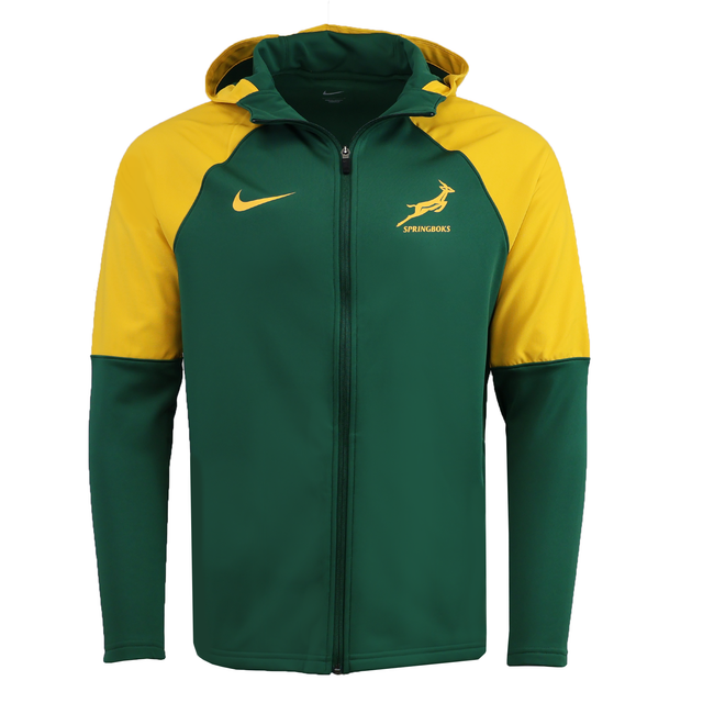 The Nike Springboks 25 Full-Zip Training Hoodie in green and yellow features Dri-FIT fabric, a hood, Nike logo, and Springboks emblem—perfect for rugby training.