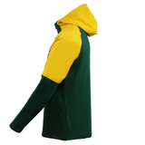 Side view of the Nike Springboks 25 Full-Zip Training Hoodie, featuring a dark green body and sleeves with a yellow hood and upper arm—ideal for rugby training—shown against a white background.