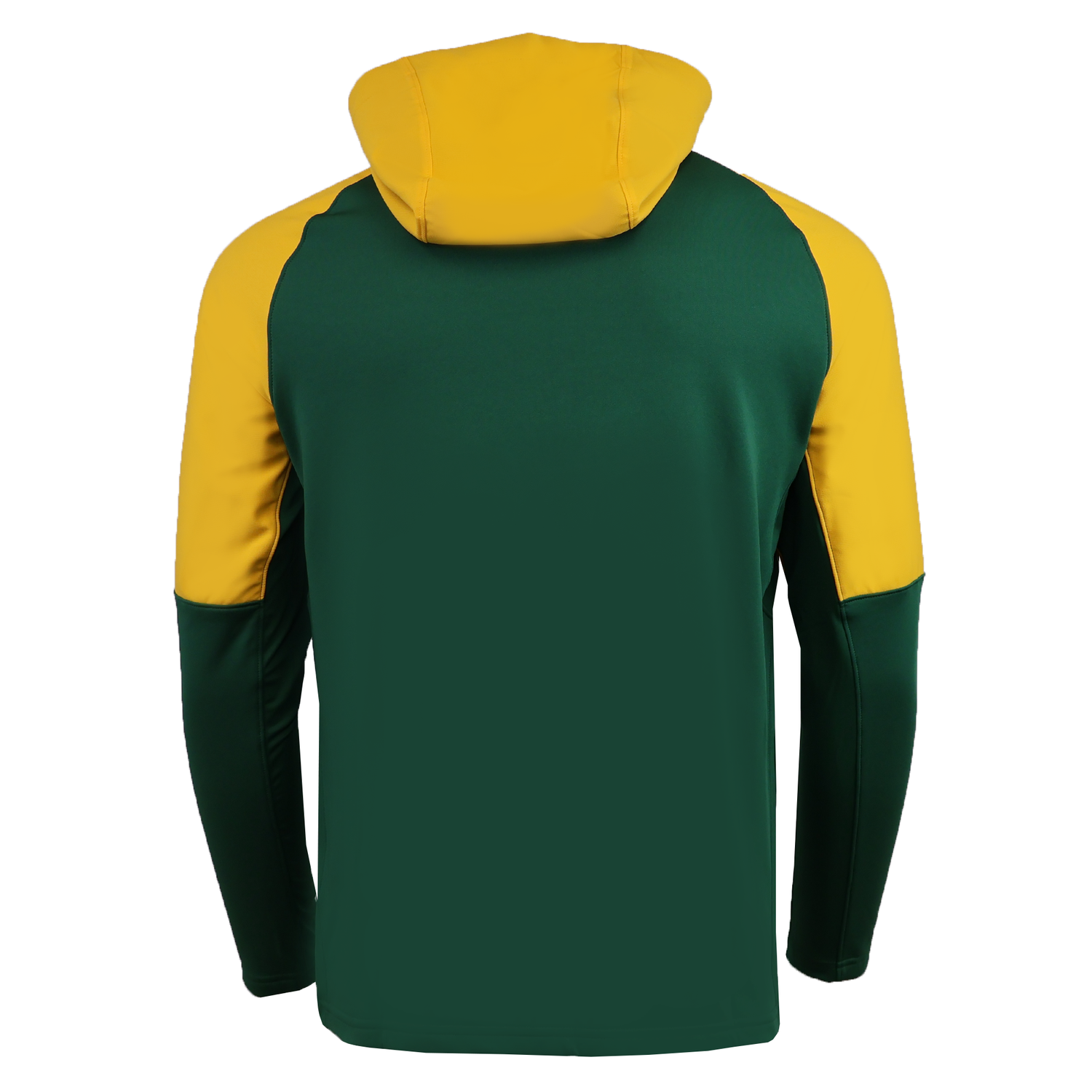 Back view of the Nike Springboks 25 Full-Zip Training Hoodie, featuring a green body and sleeves with yellow shoulders and hood—ideal for rugby training or as a stylish Springboks hoodie.