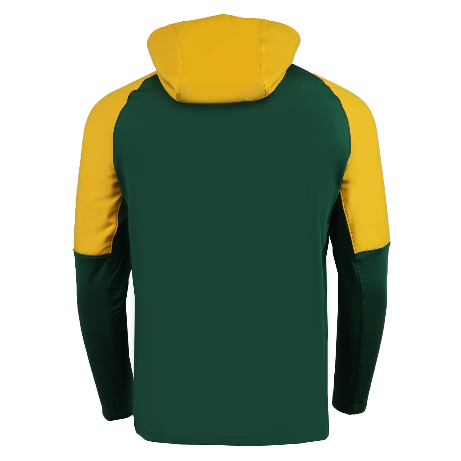 The Nike Springboks 25 Full-Zip Training Hoodie features a green design with yellow shoulders and hood, shown from the back—perfect for rugby training or showing your support in style.