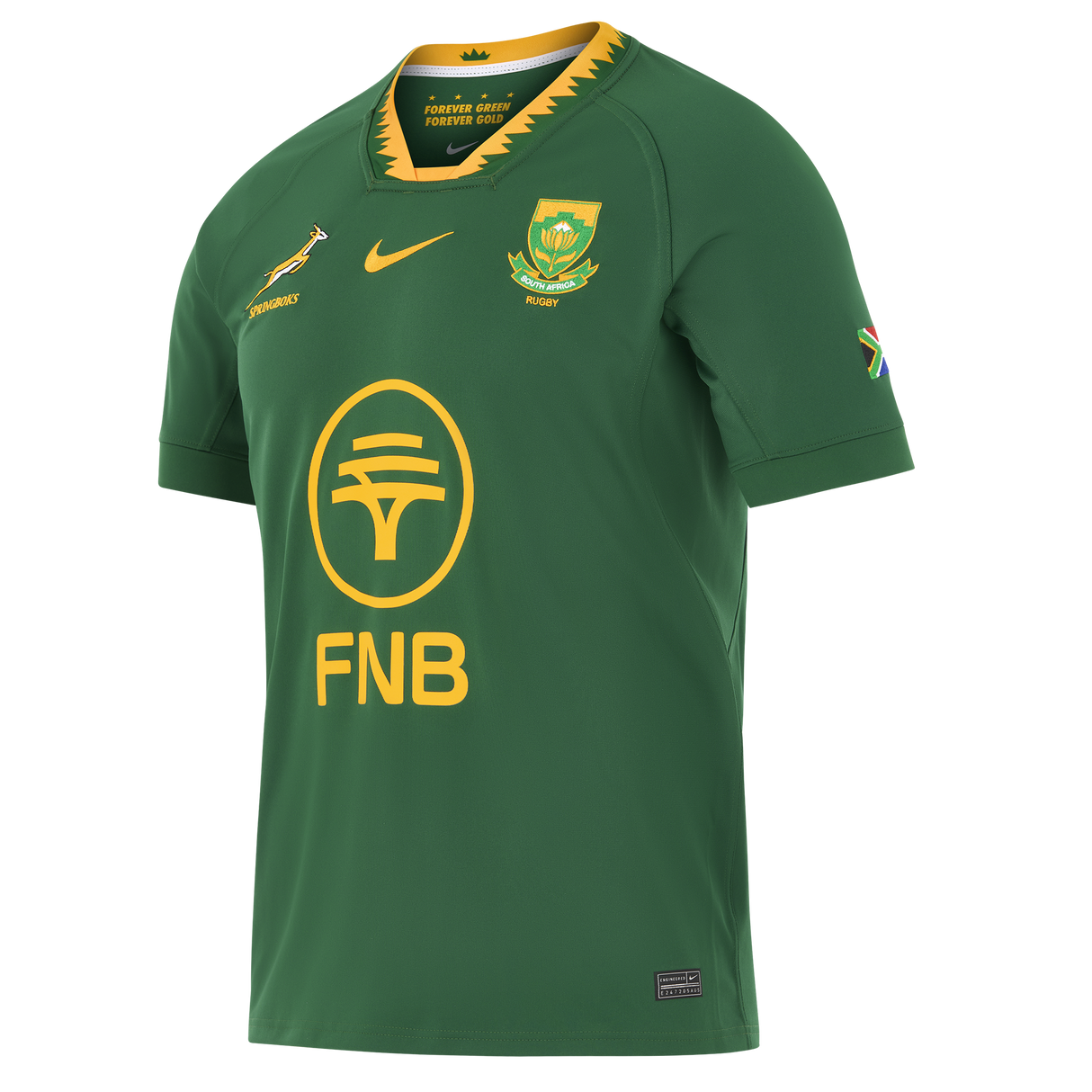 The Nike Springboks 26/27 Replica Home Jersey features the team crest, Springbok emblem, FNB sponsor, and national flag on the sleeve—a must-have replica jersey for passionate South Africa Rugby fans.