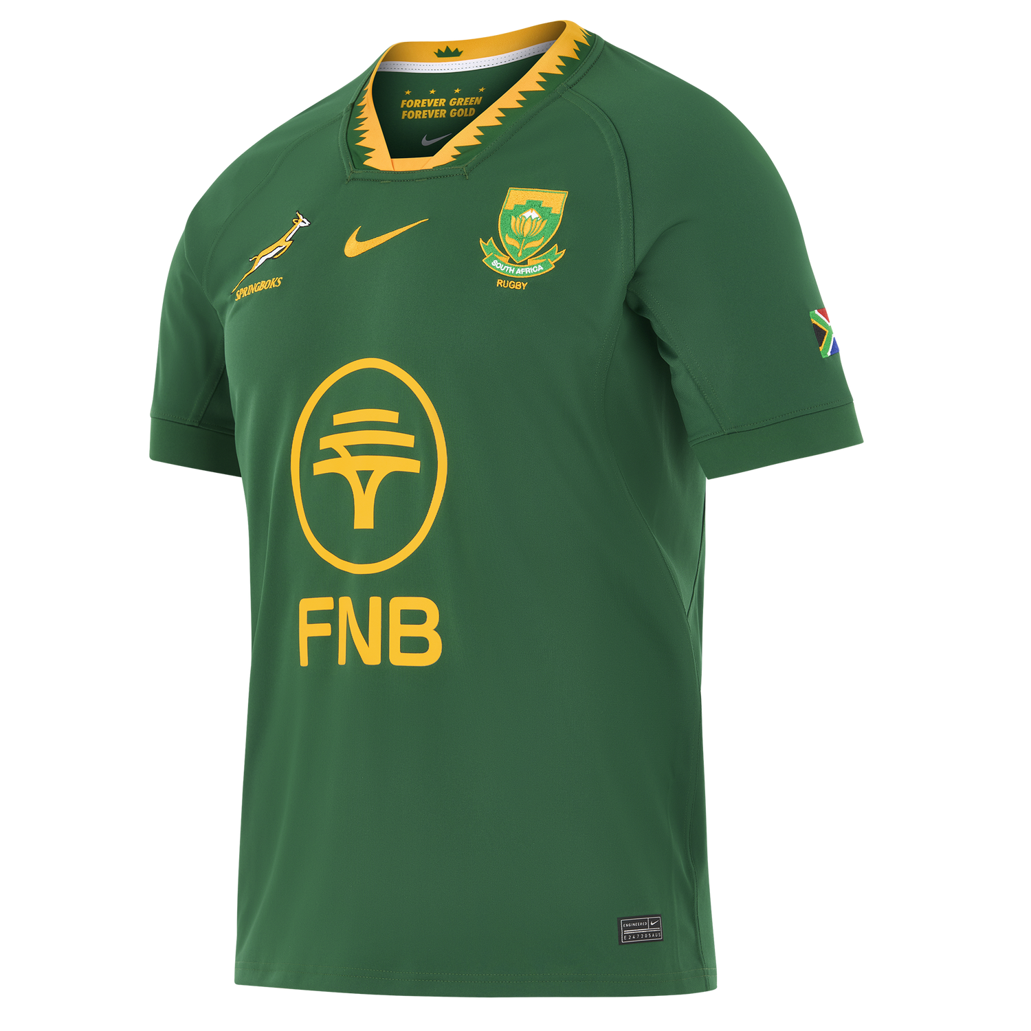 The Nike Springboks 26/27 Replica Home Jersey features the team crest, Springbok emblem, FNB sponsor, and national flag on the sleeve—a must-have replica jersey for passionate South Africa Rugby fans.